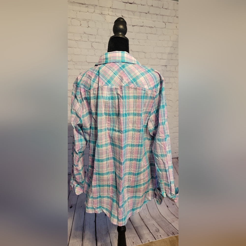 Talbots Pastel Plaid Button-Up Shirt in Pink and Teal - Picture 2 of 4